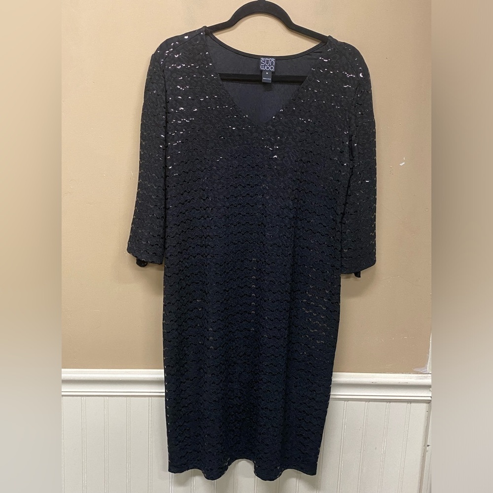 Clara Sun Woo Shimmer Dress Womens Medium  V Neck 3/4 Sleeves Stretch